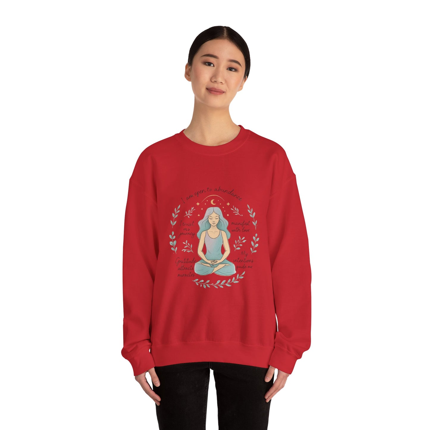 Meditation Girl Crewneck Sweatshirt — "I Am Open to Abundance" Mindfulness Yoga Pullover