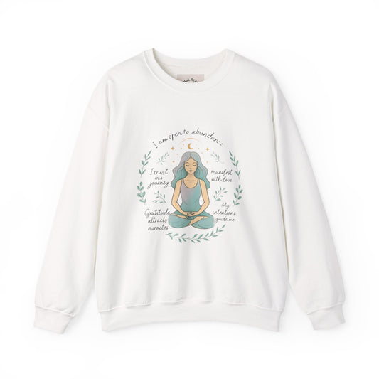 Meditation Girl Crewneck Sweatshirt — "I Am Open to Abundance" Mindfulness Yoga Pullover