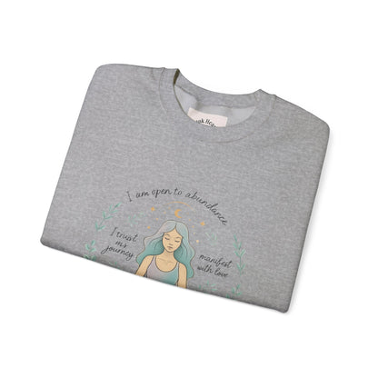 Meditation Girl Crewneck Sweatshirt — "I Am Open to Abundance" Mindfulness Yoga Pullover