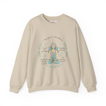 Meditation Girl Crewneck Sweatshirt — "I Am Open to Abundance" Mindfulness Yoga Pullover