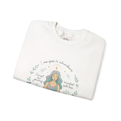 Meditation Girl Crewneck Sweatshirt — "I Am Open to Abundance" Mindfulness Yoga Pullover