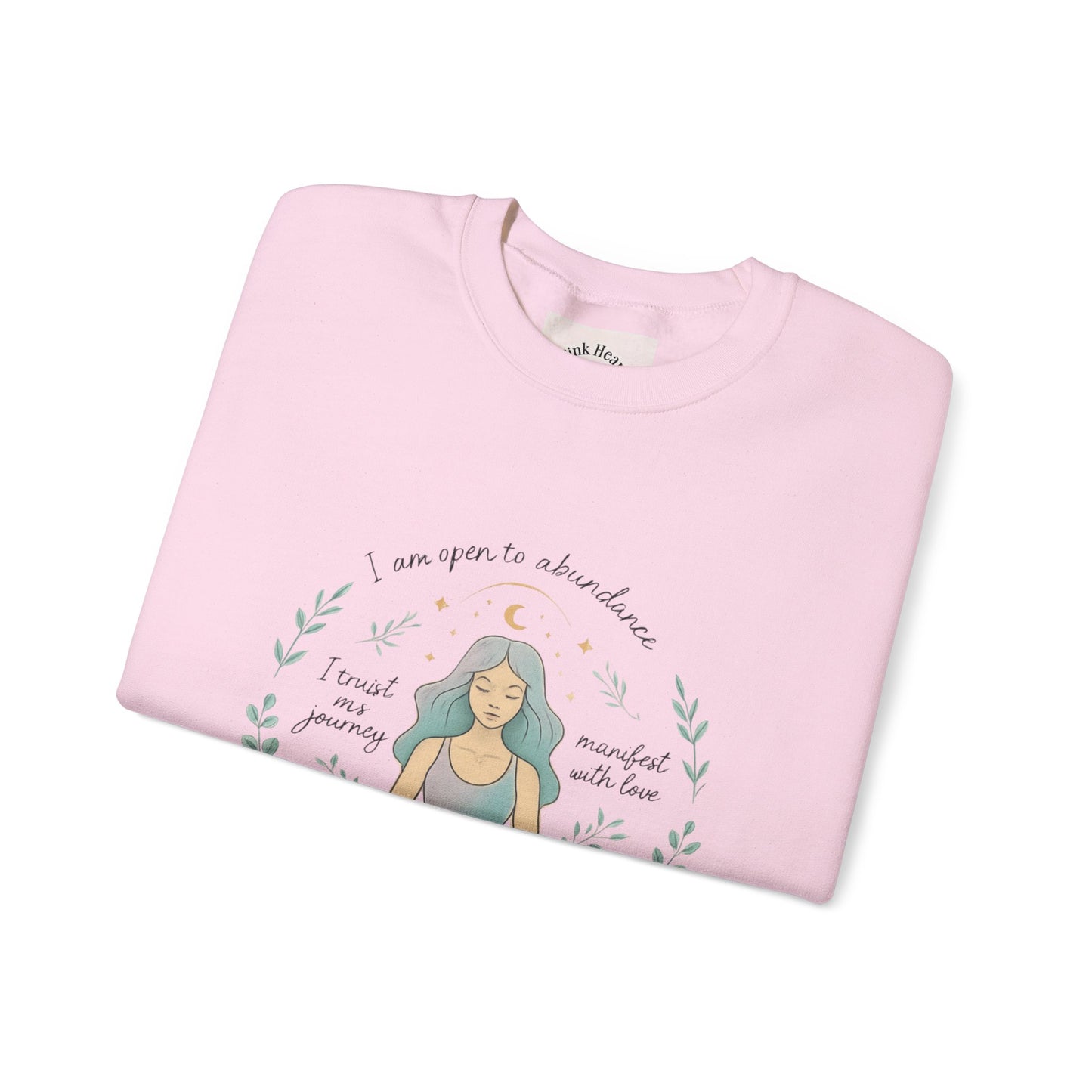Meditation Girl Crewneck Sweatshirt — "I Am Open to Abundance" Mindfulness Yoga Pullover