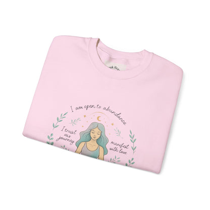 Meditation Girl Crewneck Sweatshirt — "I Am Open to Abundance" Mindfulness Yoga Pullover