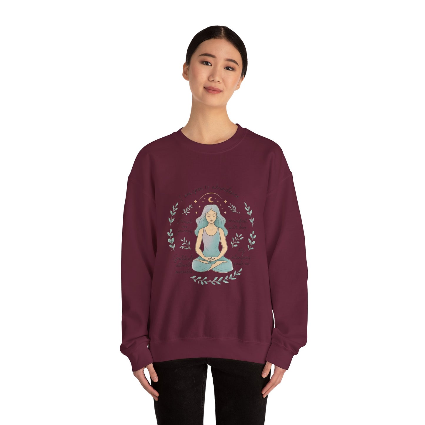 Meditation Girl Crewneck Sweatshirt — "I Am Open to Abundance" Mindfulness Yoga Pullover