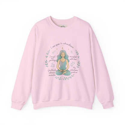 Meditation Girl Crewneck Sweatshirt — "I Am Open to Abundance" Mindfulness Yoga Pullover