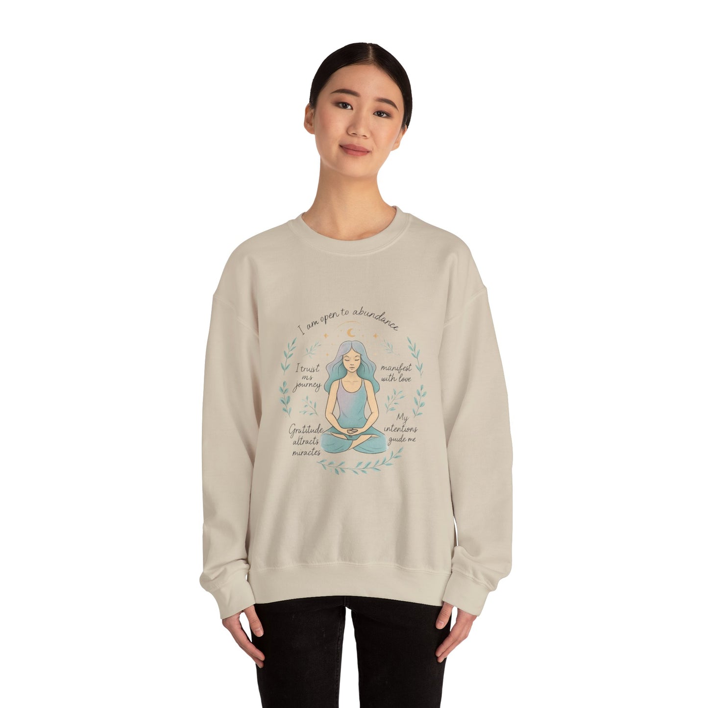 Meditation Girl Crewneck Sweatshirt — "I Am Open to Abundance" Mindfulness Yoga Pullover