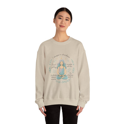 Meditation Girl Crewneck Sweatshirt — "I Am Open to Abundance" Mindfulness Yoga Pullover