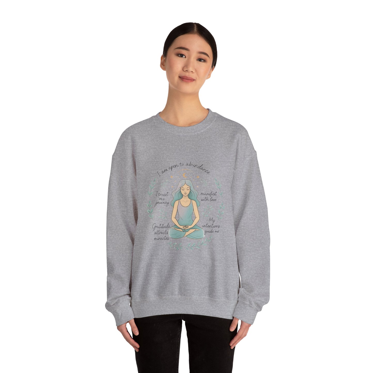 Meditation Girl Crewneck Sweatshirt — "I Am Open to Abundance" Mindfulness Yoga Pullover