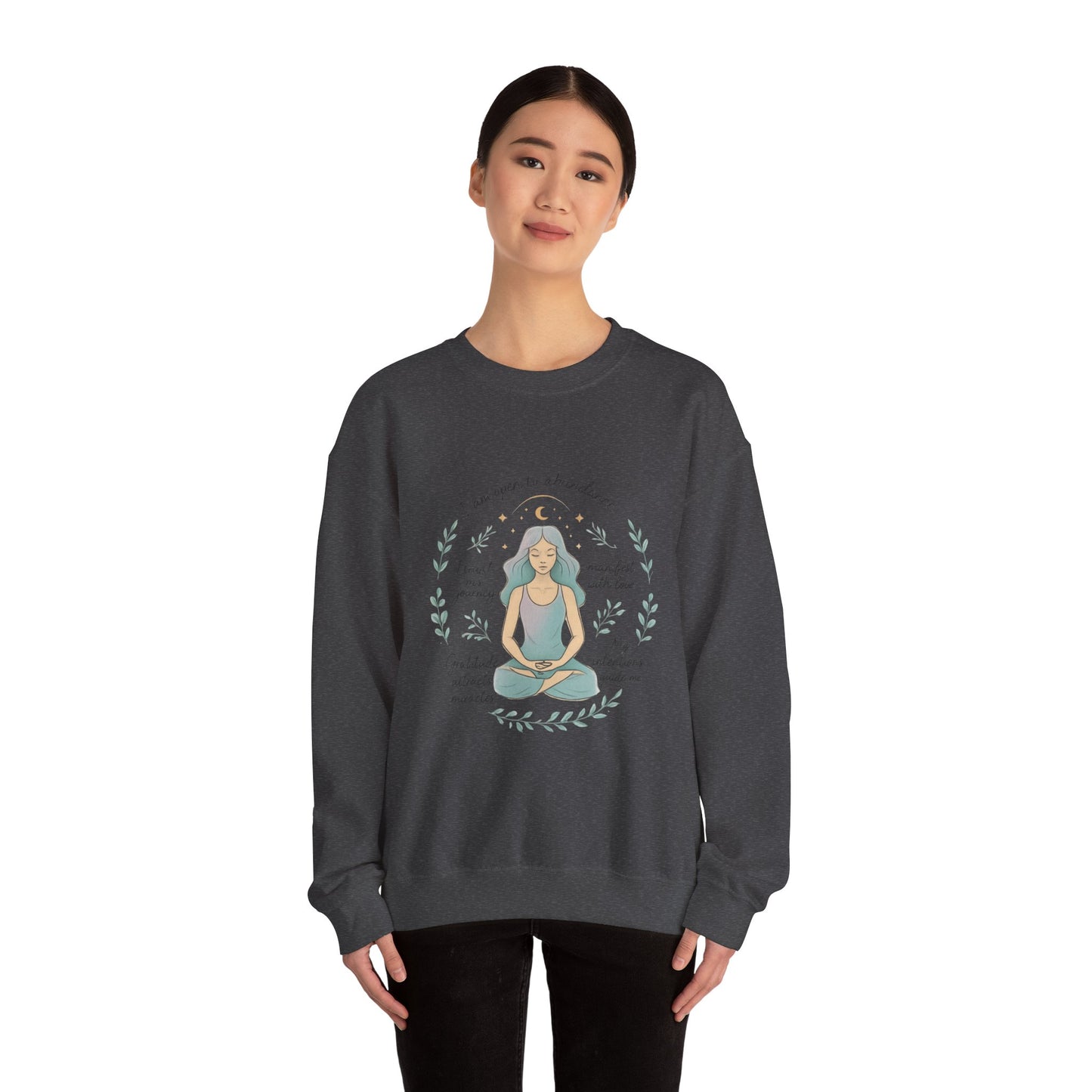 Meditation Girl Crewneck Sweatshirt — "I Am Open to Abundance" Mindfulness Yoga Pullover