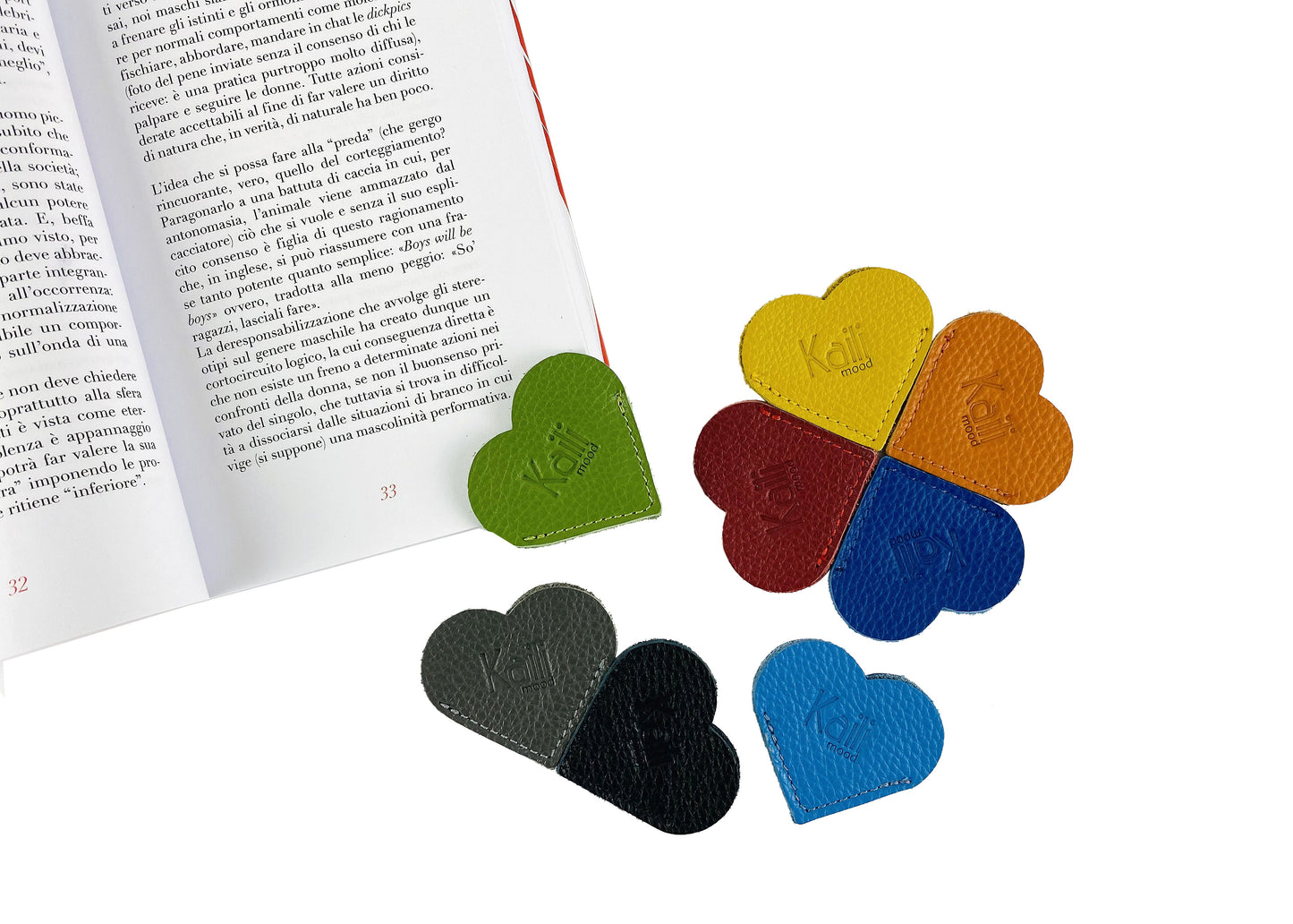 K0038EB | Made in Italy Heart Bookmark in Genuine Full Grain Leather, dollar grain - Green color - Size: 6 x 5.5 x 0.5 cm - Package: Rigid bottom/cover Gift Box