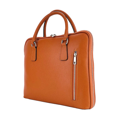 RB1019L | Made in Italy Genuine Leather Unisex Business Briefcase with removable shoulder strap. Polished Nickel metal snap hook attachments - Orange color - Dimensions: 37 x 29 x 6.5 cm.
