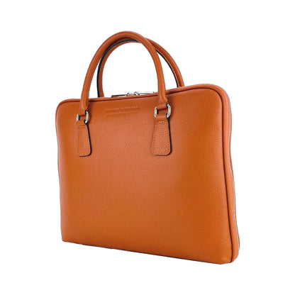 RB1019L | Made in Italy Genuine Leather Unisex Business Briefcase with removable shoulder strap. Polished Nickel metal snap hook attachments - Orange color - Dimensions: 37 x 29 x 6.5 cm.