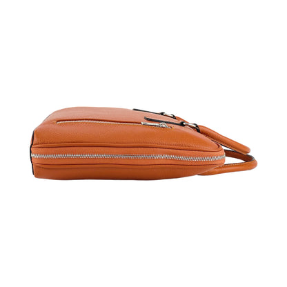 RB1019L | Made in Italy Genuine Leather Unisex Business Briefcase with removable shoulder strap. Polished Nickel metal snap hook attachments - Orange color - Dimensions: 37 x 29 x 6.5 cm.