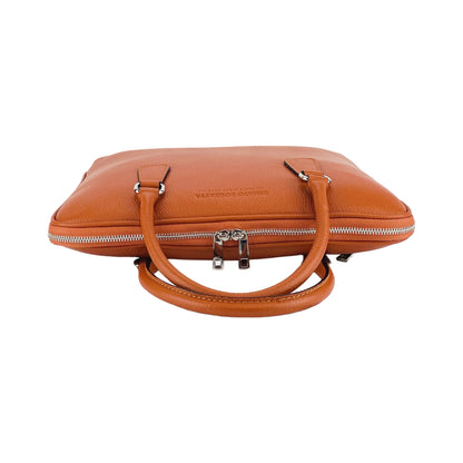 RB1019L | Made in Italy Genuine Leather Unisex Business Briefcase with removable shoulder strap. Polished Nickel metal snap hook attachments - Orange color - Dimensions: 37 x 29 x 6.5 cm.