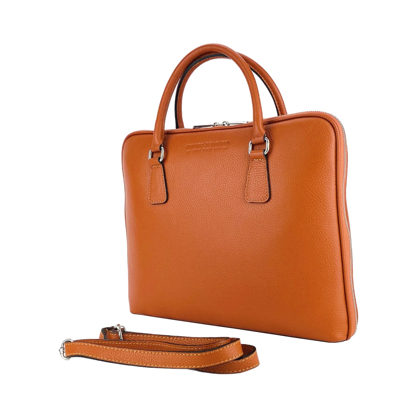 RB1019L | Made in Italy Genuine Leather Unisex Business Briefcase with removable shoulder strap. Polished Nickel metal snap hook attachments - Orange color - Dimensions: 37 x 29 x 6.5 cm.