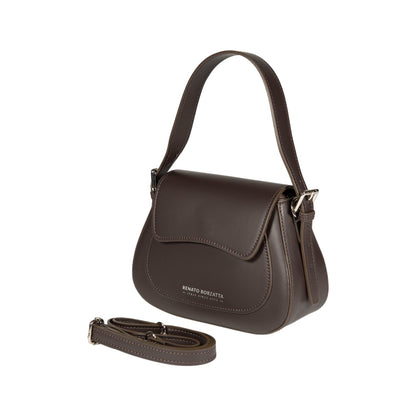 RB1030B | EMMA Women's Shoulder Bag with flap in Genuine Leather Made in Italy. Polished Silver metal hardware - Dark Head color - Dimensions: 24 x 18 x 9 cm + 14.5 (Handle light)