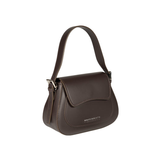 RB1030B | EMMA Women's Shoulder Bag with flap in Genuine Leather Made in Italy. Polished Silver metal hardware - Dark Head color - Dimensions: 24 x 18 x 9 cm + 14.5 (Handle light)