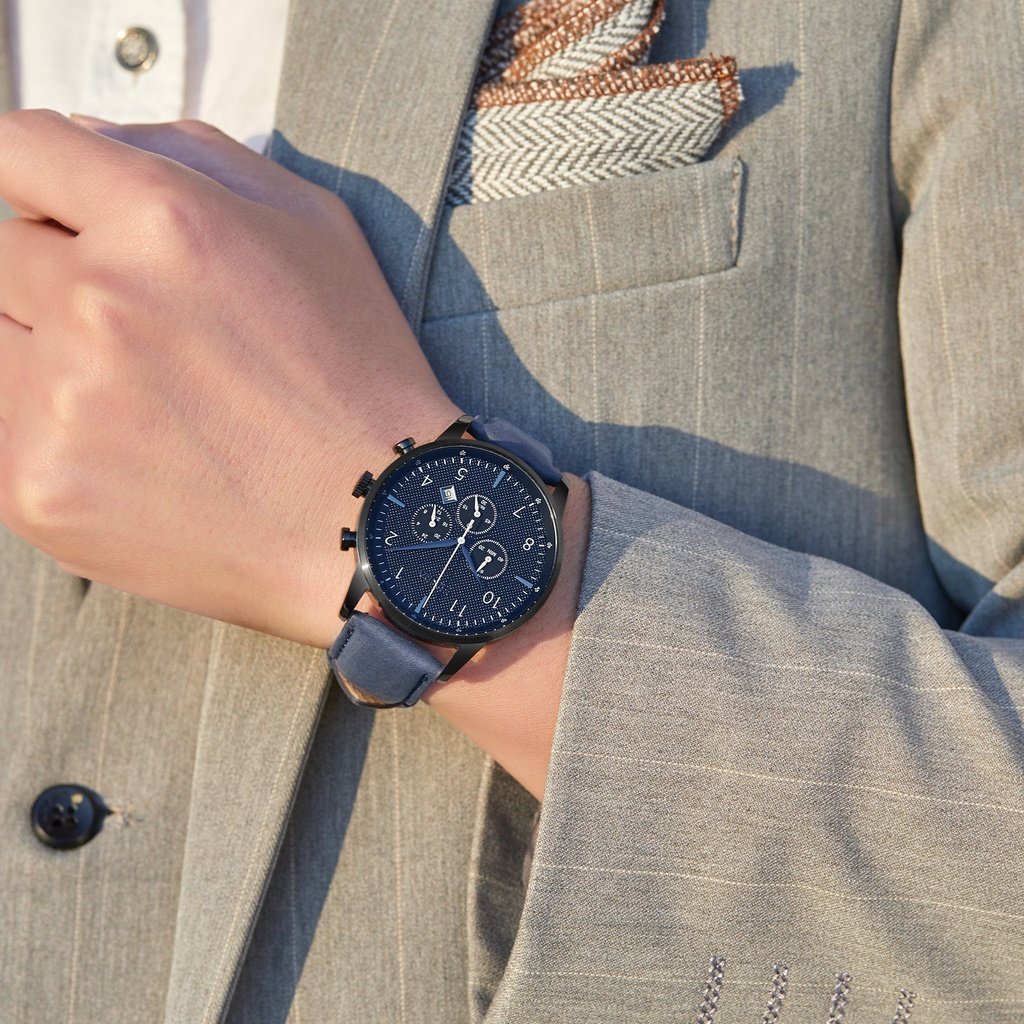 Trnda Men's Black Stainless Steel Watch, Blue Leather Band | Trn-43dbl